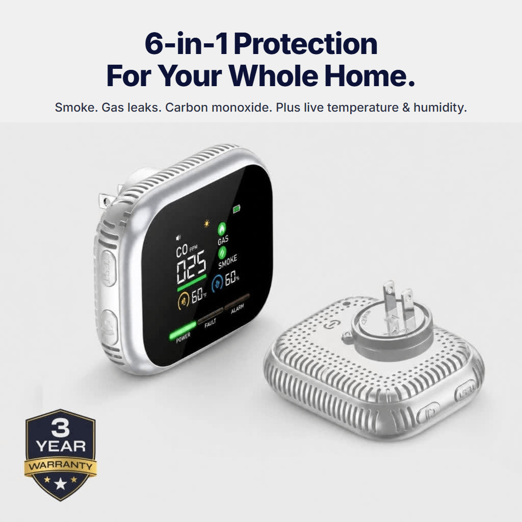 Kovex 6-in-1 smoke, gas and CO detector with plug base